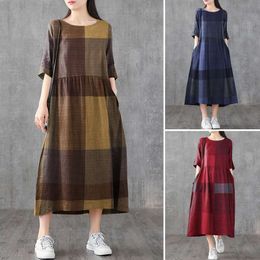 Womens 2022 Summer Midi Dress Female Vintage Plaid Cheque Vestido Casual Cotton Linen Dresses ZANZEA Fashion O Neck Robe Oversize