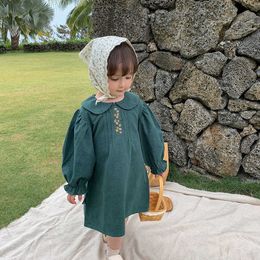 New 2021 Spring Korean Style Baby Girls Embroidery Floral Dresses Peter Pan Collar Long Sleeve Toddlers Kids Cotton Dress Q0716