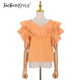 Hollow Out White Chic Shirt For Women V Neck Short Sleeve Patchwork Ruffle Blouse Female Fashion Style 210524