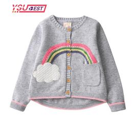 Girls Clothing Autumn Spring Children Sweaters Cardigan Rainbow Pattern Long Sleeve Embroidery Outerwear Kids Knit 211011