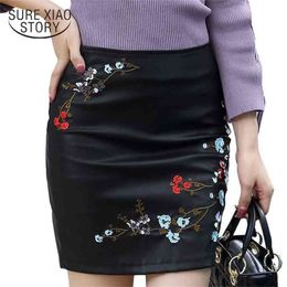 summer fashion sexy embroidery show flowers Chinese style women PU skirt above knee pencil 177A 30 210506