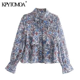 Women Fashion Paisley Print Ruffled Cropped Blouses Long Sleeve Button-up Female Shirts Blusas Chic Tops 210420