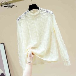 Fashion Apricot Stand-Collar women Lace Shirt Long Sleeve blouse Autumn mesh lace Splicing tops Female 11597 210427