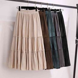 Korean Skirt Autumn Winter Golden velvet Ruffles Pleated Women's Clothing High-Waisted Warm Long A- line skirts womens 210420