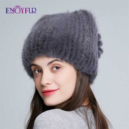 ENJOYFUR Women knitted mink fur hats for winter female real warm caps fashion bowknot bonnets 211119