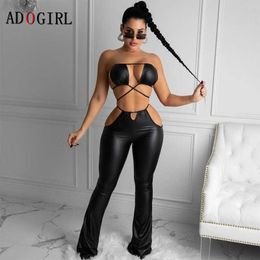 Adogirl 2 Piece Set Women Crop Top + Pu Pants Suits Club Outfits Sexy Party Night Tracksuit Fashion Two Piece Matching Sets Y0625