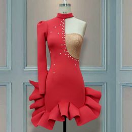 Red One Shoulder Dress Ruffles Lace Patchwork Midi Lengthh Long Sleeve Women Bodycon Backless Sexy Mini Party Dresses Plus Size 210527
