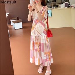 Summer Korean Plaid Women Long Dress Short Sleeve Square Collar A-line Pleated Dresses Elegant Fashion Ladies Vestidos 210513