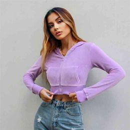 Purple Cropped Bomber Hoodie Jacket Female Slim Women Coats Fashion Soft Autumn Winter Long Sleeve Zip-Up Y2k Top Outfits 210510