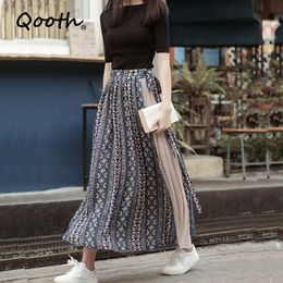 Qooth Printed Floral Chiffon Skirt Women's Spring Summer Stitching Pleated Skirt Half-Length All-Match Lace-Up Style Skirt QT568 210518