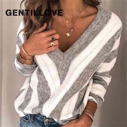 Gentillove Autumn Oversized Sweater Vintage V Neck Striped Knitted Casual Winter Pullovers Knitwear Jumper Tops 210914