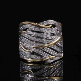 Huitan Two Tone Personality Women Ring Hollow Out Geometric Shape Lady Party Accessories Female Metallic Rings Fashion Jewelry