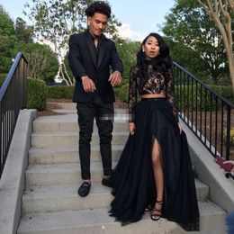 African Long Sleeves Lace Mermaid Two Piece Black Prom Dresses with A-line Tulle Side Split Evening Party Gowns