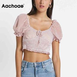 Summer Women Sweet Printed Cropped Blouse Female Chic Puff Short Sleeve Ruffles Shirt Ladies Bow Tie Elegant Tops 210413