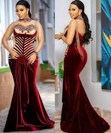 Sexy Plus Size Arabic Aso Ebi Burgundy Velvet Mermaid Prom Dresses Sheer Neck Beaded Evening Formal Party Second Reception Gowns Dress