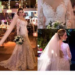 Wedding Gorgeous Mermaid Dresses Lace Crystals Bridal Gown Long Sleeves Covered Buttons Appliqued Scoop Neck Custom Made Plus Size Vestido De Novia