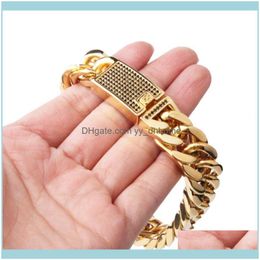 Link, Bracelets Jewelry15Mm Wide Fashion Jewelry 316L Stainless Steel Gold Tone Cuban Curb Chain Bracelet Bangle Mens Gift High Quality 7"-1