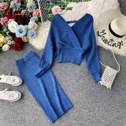 Woman knitted 2 piece sets autumn women v-neck sweater top + midi wrap skirt suits elegant bling outfit tracksuit 210525