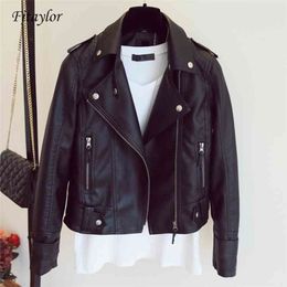 Fitaylor Female Spring Autumn PU Leather Jacket Faux Soft Leather Coat Slim Black Rivet Zipper Motorcycle Pink Jackets 210916