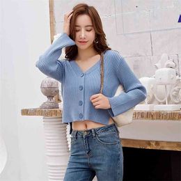 Long-sleeved Solid Color Pit Strip Cardigan Sweater Female V-neck Simple Commuter Single-breasted Knitted Women Spring 210427