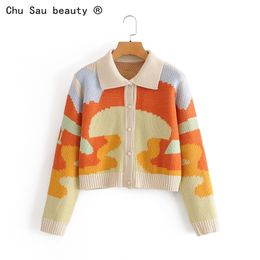 Fall winter vintage oil painting short knitted cardigans colorblock lapel slim cropped sweaters top coat for woman 210508