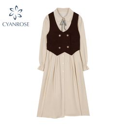 Women French Vintage Shirt Dress With Double Breasted Vest Female Lantern Long Sleeve Trendy Elegant Party Baggy OL Frocks 210417