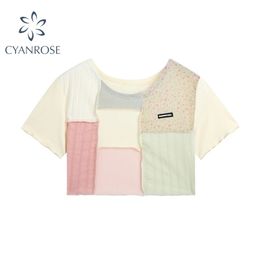 Women Tie Dye Cropped Top Summer Korean Style Streetwear Colour Patchwork O Neck Short Sleeve Casual Ladies T Shirts 210515