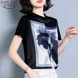 Fashion Print Shirt O-Neck Silk Women Short Sleeve Summer Womens Tops and Blouses Plus Size Loose Clothes 10158 210417