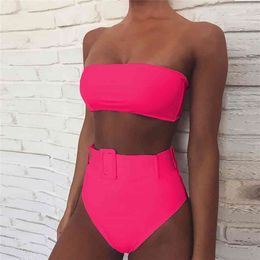 High Waist Bikini Sexy Black Swimwear Women Swimsuit Leg Bandeau Bikinis Set Swimming for Bathing Suit Woman Swimsuits 210702