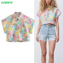 VUWWYV Women Shirts Pink Print Button Up Collared Shirt Woman Summer Short Sleeve Poplin Crop Tops Female Casual Pockets 210430