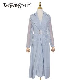 Elegant Perspective Women's Dress Notched Long Sleeve High Waist With Sashes Female Dresses Spring Fashion 210520
