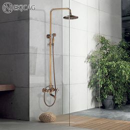 Nekjcag Brass Material Antique Bathroom Shower Faucet Set Dual Handle With Shelf Cold Water Mixer Tap Rainfall Head Sets