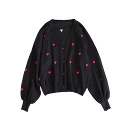 Women Sweater Knitted Long Sleeve Pink Black Thin Cardigans V Neck Autumn Heart Embroidery M0029 210514