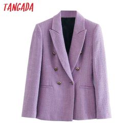 Tangada Women Purple Thick Jacket Coats Double Breasted Long sleeves pocket Ladies Elegant Autumn Winter coat 3H723 210330
