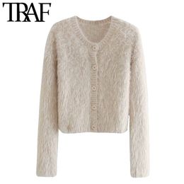 TRAF Women Fashion Soft Touch Cropped Knitted Cardigan Sweater Vintage O Neck Long Sleeve Female Outerwear Chic Tops 210415