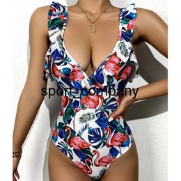 Sexy Swimsuit One Piece Women Ruffled Swimwear V-Neck Summer Bathing Suit Vintage Beach Wear 2021 Flamingo Swimsuit Bodysuit