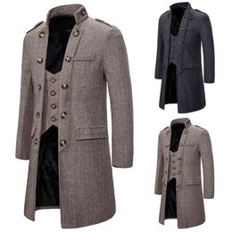 Herringbone Trench Coat Men Fake Two Pieces Long Jacket Mens Casual Slim Warm Vintage Retro Overcoat Oversized Windbreaker Coats 210524