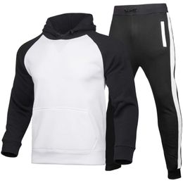 Casual Tracksuit Men Drawstring stripe Hooded Sweatshirt+2Pcs Pants Solid Mens Hoodie Pullover Gym training Sweat Suit male 210603