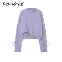 TWOTWINSTYLE Cross Lace Up Bowknot Sweater For Women Turtleneck Long Sleeve Elegant Chic Knitted Tops Female Fashion Autumn 210517