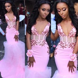 Sexy Pink Lace Long Mermaid Prom Dresses 2020 New Sleeveless V Neck Illusion Open Back Formal Evening Dress Party Gowns