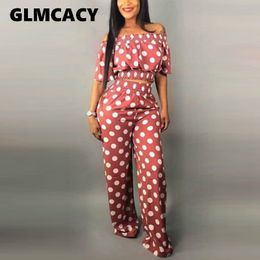 Women Summer Sexy 2 Pieces Outfits Polka Dot Printed Off Shoulder Crop Top and High Waist Long Pants Elegant Streetwear Workwear X0428