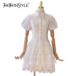 Sweet White Ball Gown Dress For Women Lapel Puff Short Sleeve High Waist Mini Dresses Female Fashion Clothing 210520