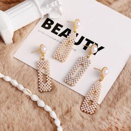 Korean Simulation Pearl Statement Earrings For Women Geometric Triangle Square Long Dangle Earring Fashion Jewellery 2021 & Chandelier