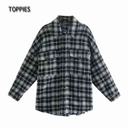 Toppies Vintage Plaid Twill Tweed Jacket Coat Woman Tassel Shirt Jacket Oversized Loose Outwear 210412