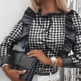 Autumn PU Faux Leather Ruffles Print Shirt Blouse Women Casual Winter Buttons Black Solid Shirts Female Long Sleeve Tops Blusas 210416