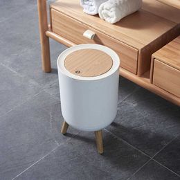 Household creative with lid press living room toilet bathroom kitchen Nordic style ins high-foot imitation wood grain trash can 210728
