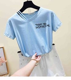 Summer Fashion Women Casual All-match Special Design V Neck Letter Short Sleeves T-Shirt Female Pullover Tee Tops A223 210428