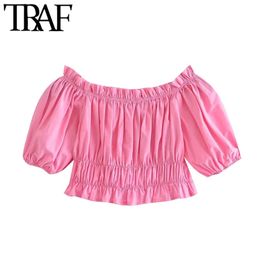 Women Fashion With Elastic Trims Cropped Blouses Vintage Puff Sleeve Female Shirts Blusas Chic Tops 210507