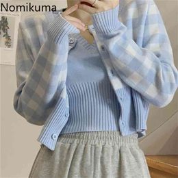 Nomikuma Vintage Sweet Plaid Women Sets Single Breasted Short Sweater Cardigan + Sleeveless V-neck Vest Suits 6E836 210806