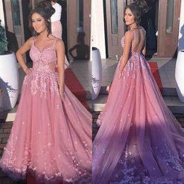 Sexy Backless Pink Lace Prom Dresses Fashion V-Neck A Line Tulle Appliques Court Train Vestido De Noiva Elegant Straps Evening Gowns Plus Size
